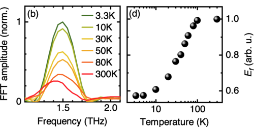 (a) THG signal in time domain at different temper- atures. (b) Fourier amplitude of the signal in panel (a). (c) THG amplitude E3f and (d) the transmitted amplitude E f of the fundamental frequency as a function of temperature.